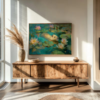 Golden Swimmer Among Water Lilies