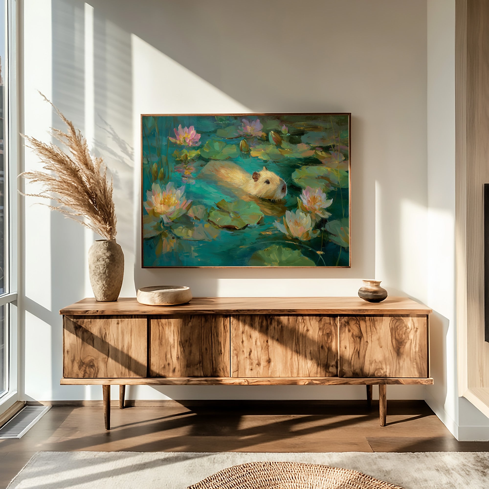 Golden Swimmer Among Water Lilies