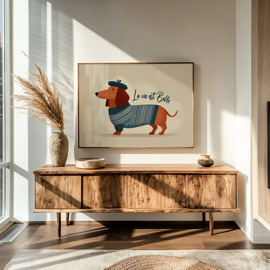 La Vie Est Belle Canvas Art | French Dachshund in Beret & Sweater Print for Living Room, Office or Dog Lover Décor