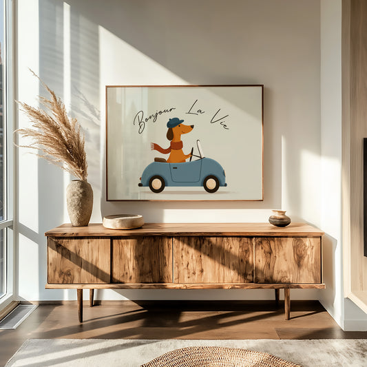 Bonjour La Vie Canvas Art | French Dachshund Driving Convertible Print for Living Room, Office or Dog Lover Décor