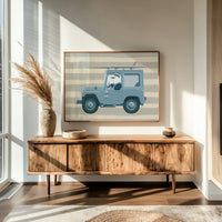 Surfing Seagull Canvas Art | Coastal Bird Driving Jeep with Surfboard Print for Beach House, Kids Room or Nautical Décor