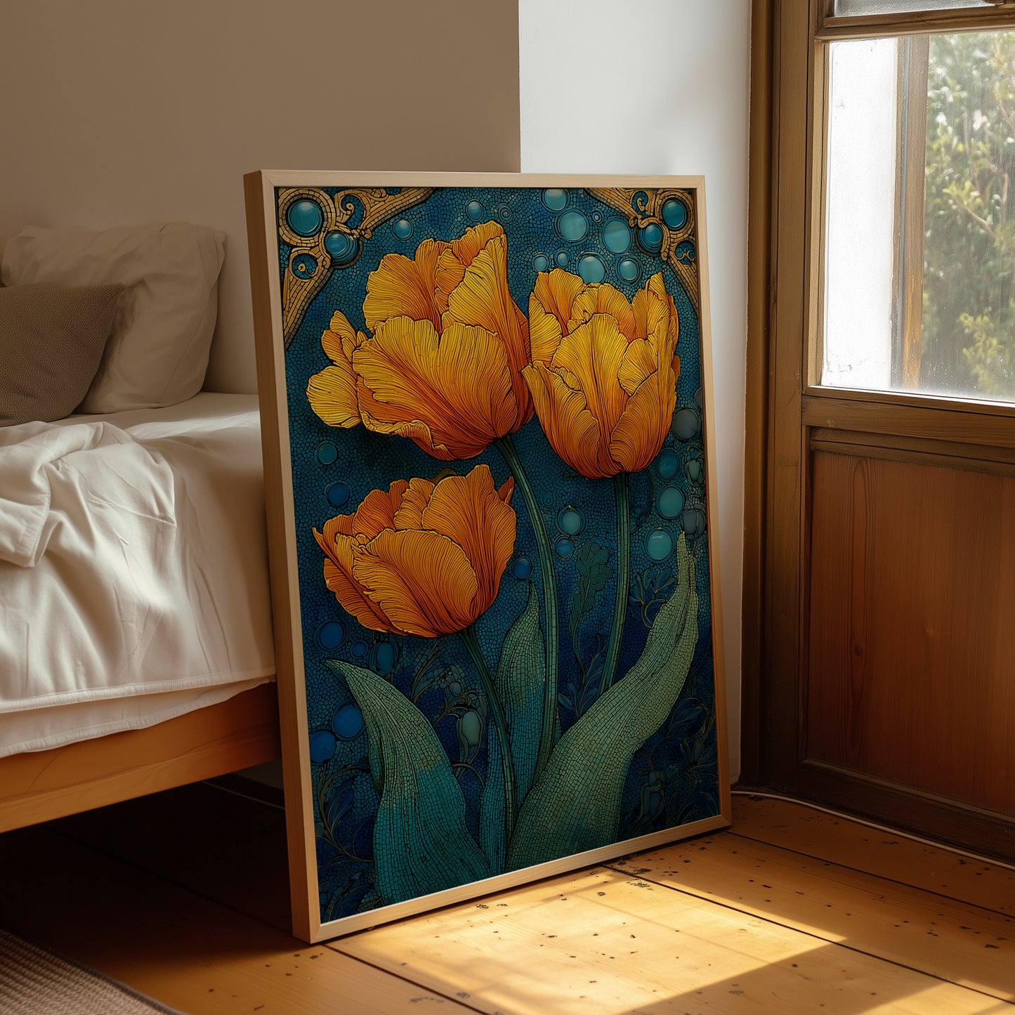 Three Tulips in a Tiled Dream