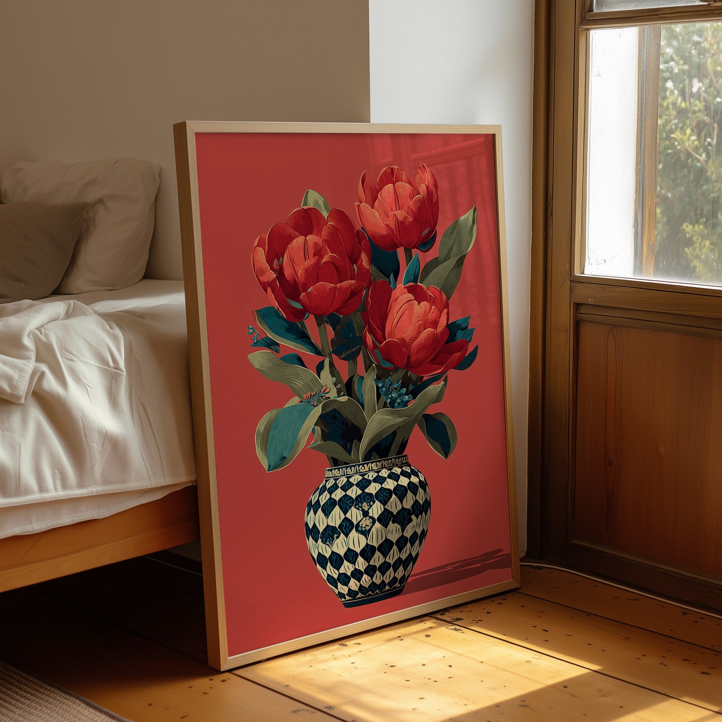 Red Tulips in a Traveled Vase