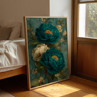 Teal Peonies on a Weathered Wall