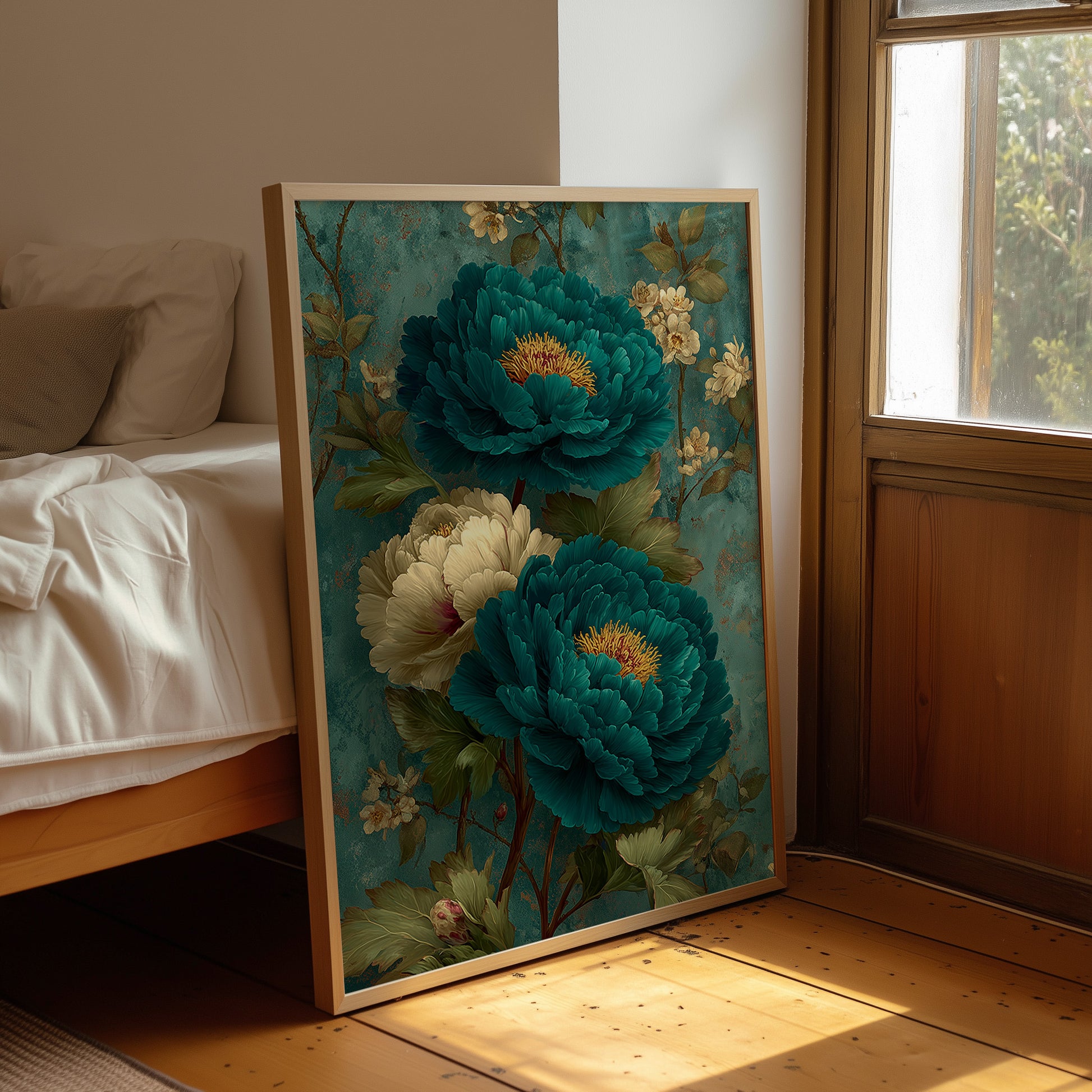 Teal Peonies on a Weathered Wall