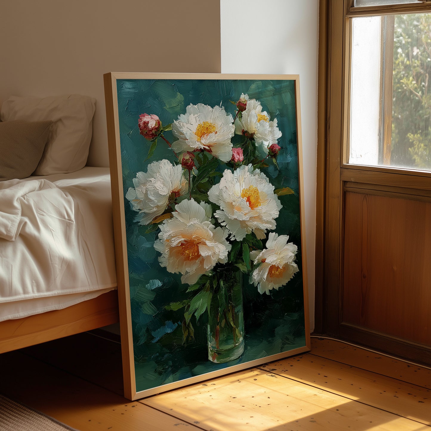 White Peonies in a Glass at Dusk