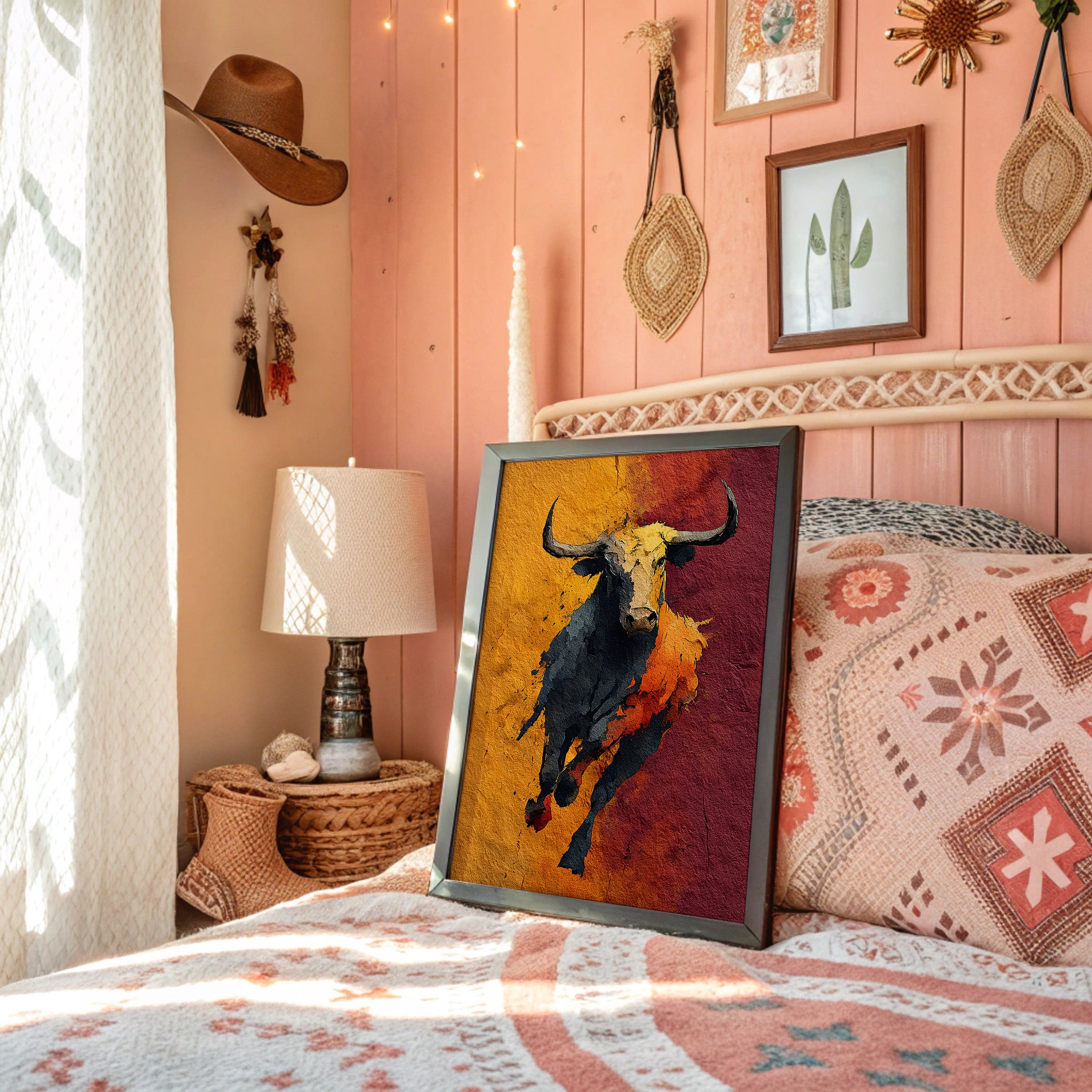 Longhorn Charging, Gold and Wine