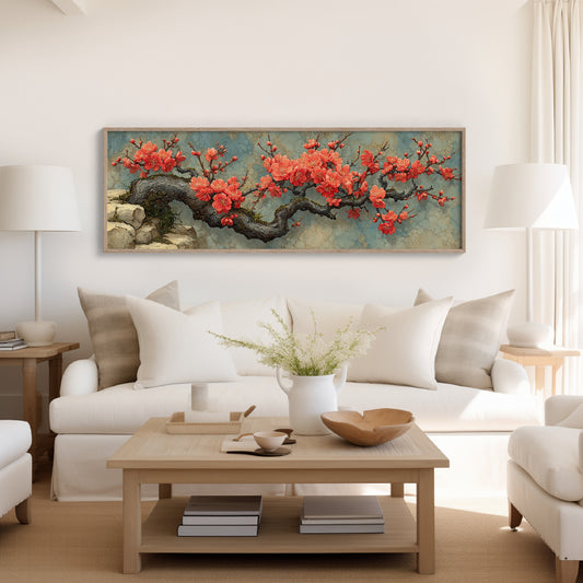 Crimson Blossoms On Ancient Wood