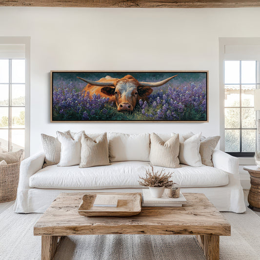 Texas Longhorn Resting in Bluebonnet Meadow