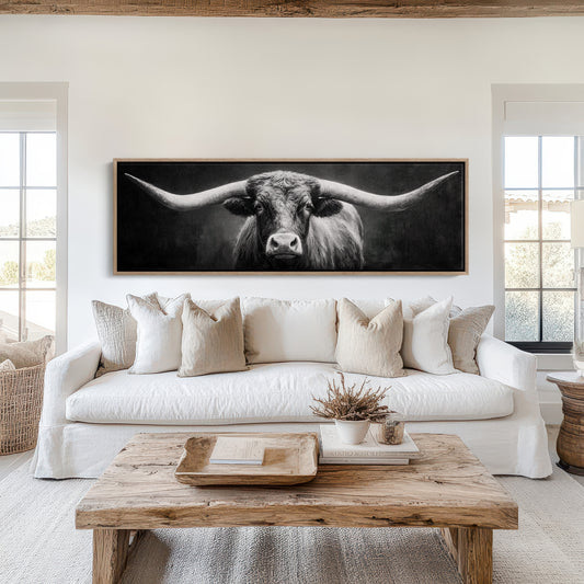 Black and White Longhorn Portrait on Dark Background