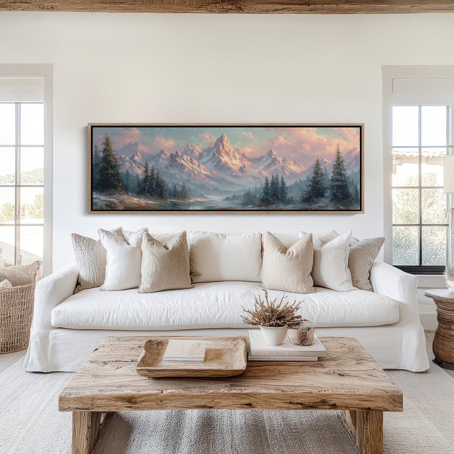 Sunlit Mountain Peaks at Dawn Over Frosted Forest