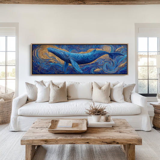 Majestic Blue Whale in Golden Ocean Swirl