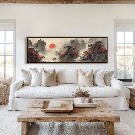 Crimson Trees Beneath a Rising Sun