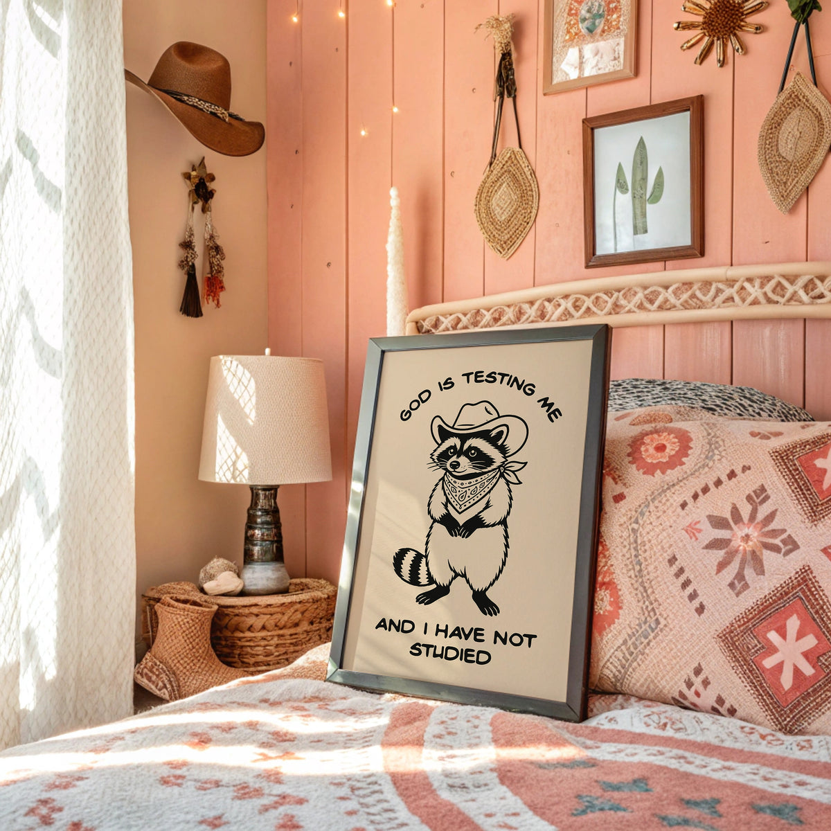 God Is Testing Me — Cowboy Raccoon Meme Print