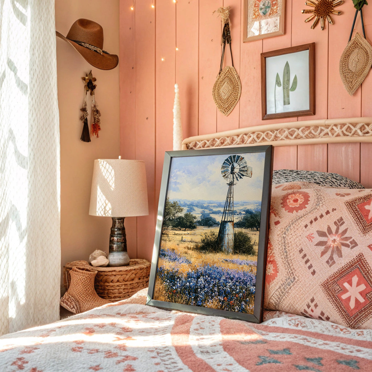 Windmill and Bluebonnets — Midday Hill Country Oil Print