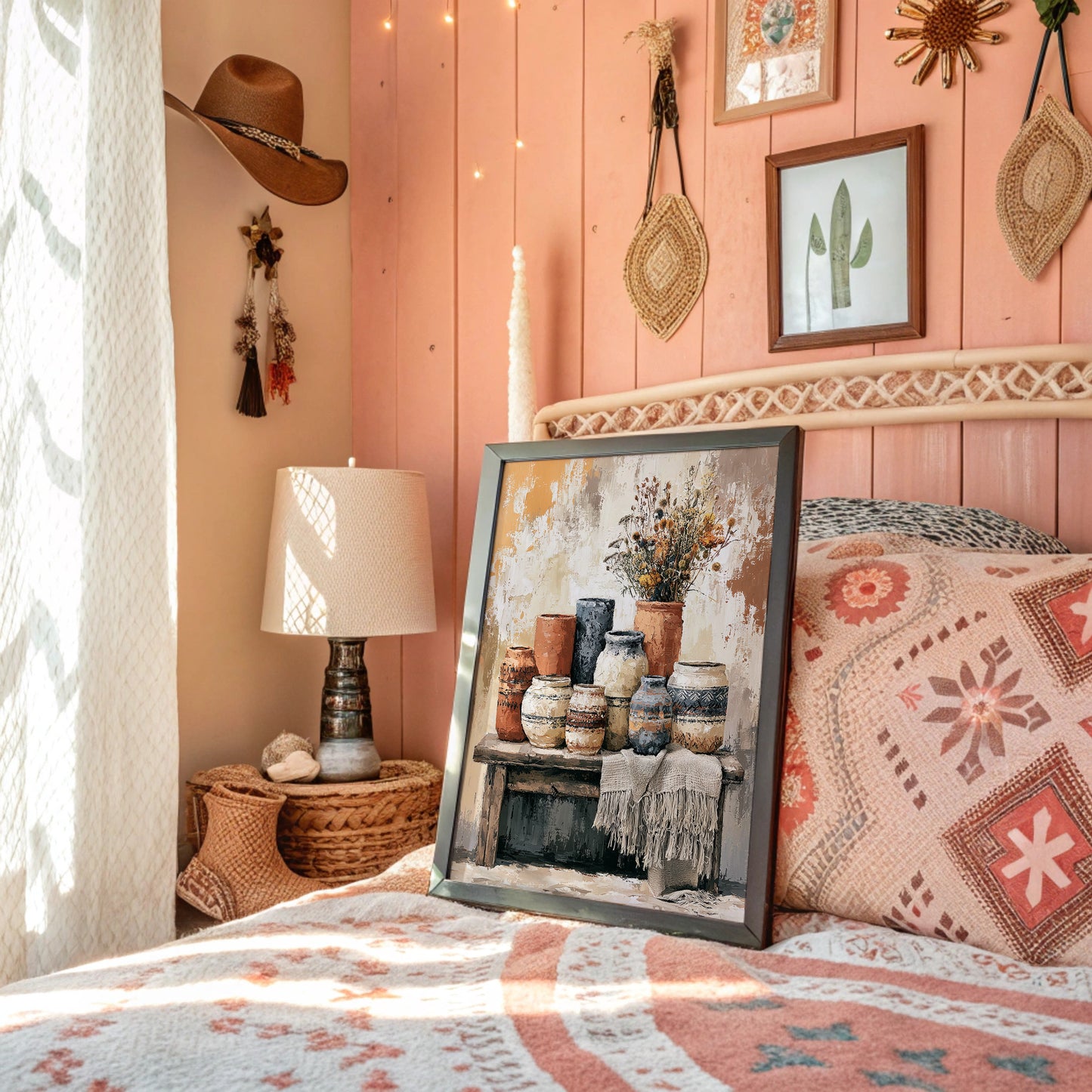 Bench of Boho Pots and Dried Blooms