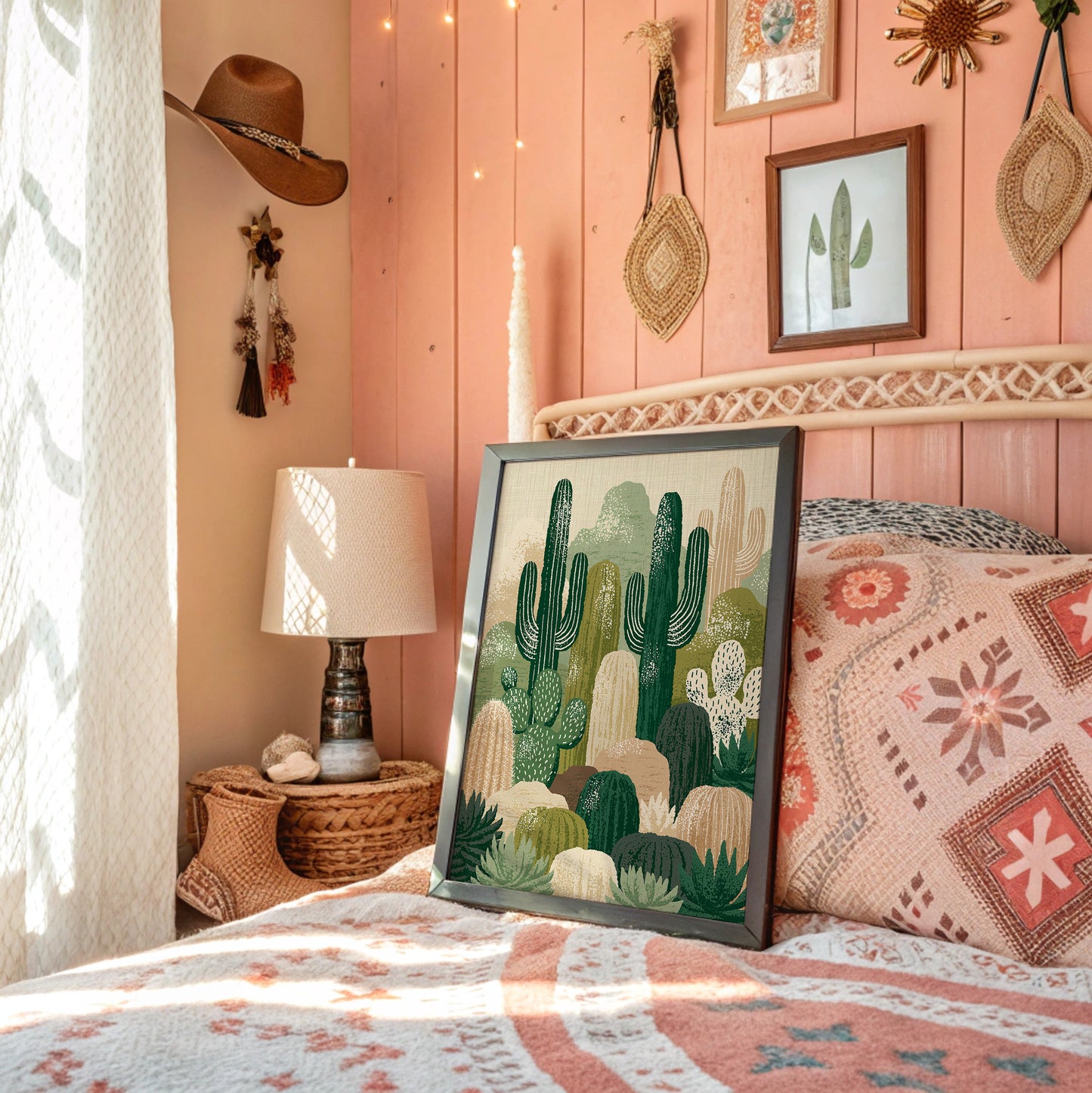 Twin Saguaros: Cactus Collage in Green & Tan