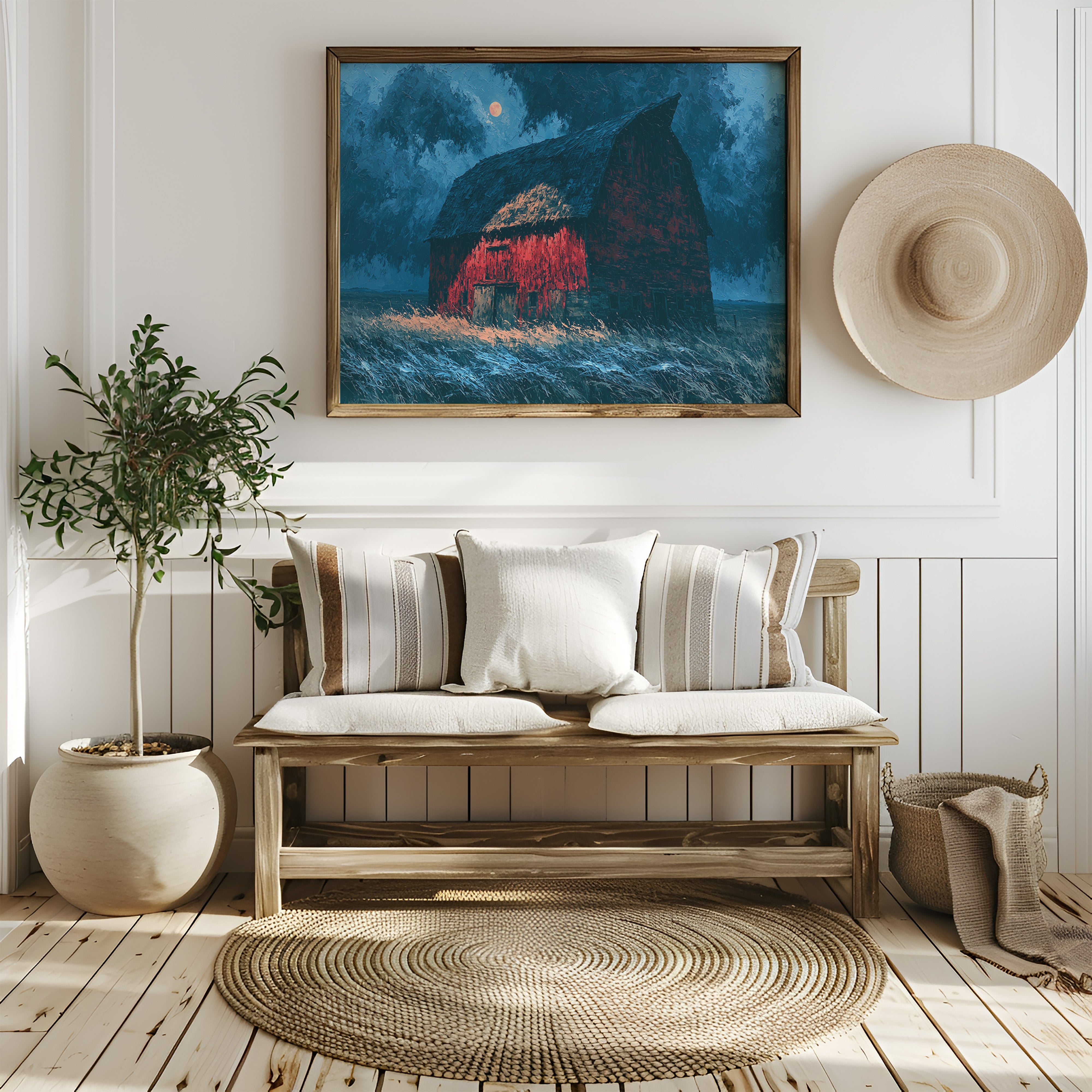 Red Barn Under a Blue Moon