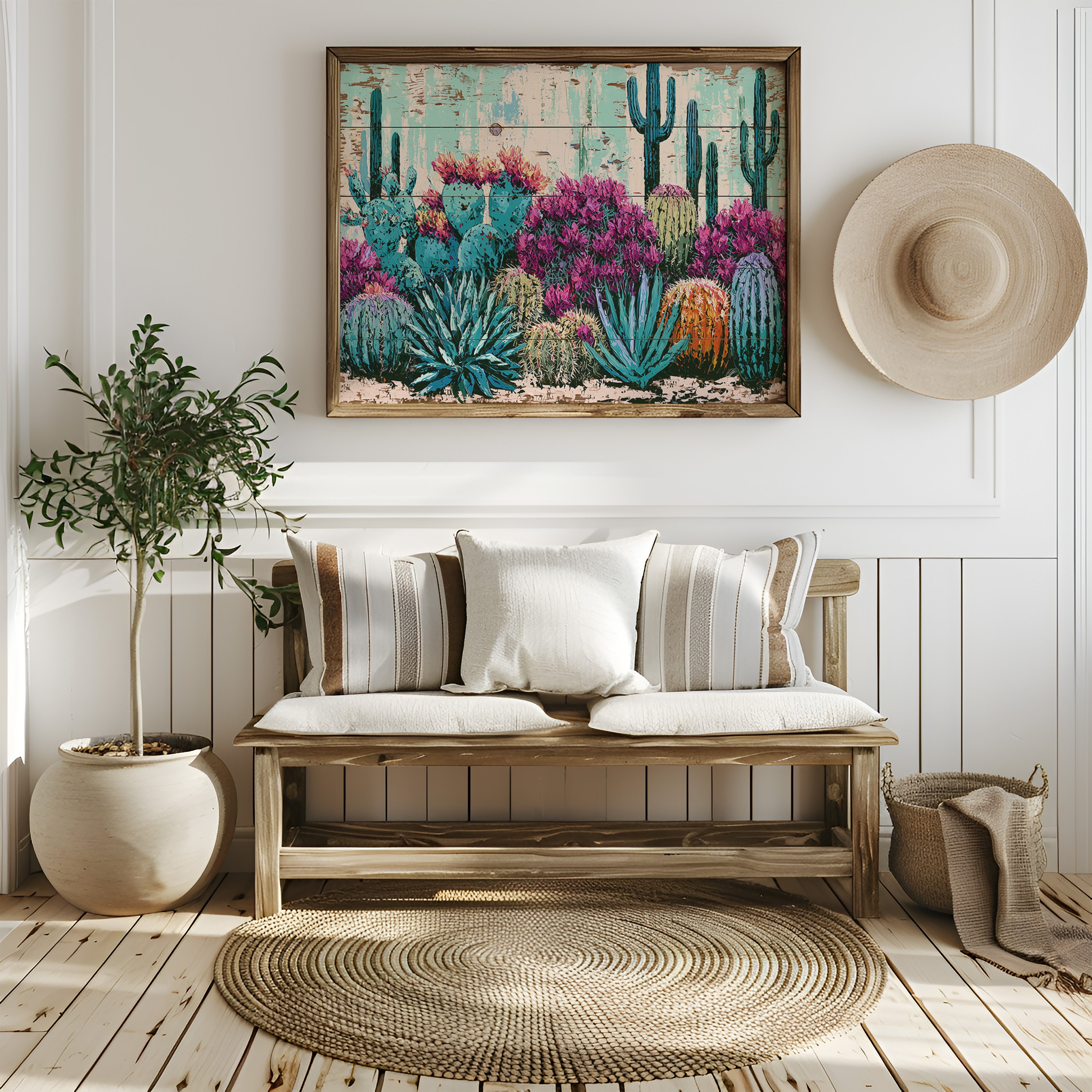Turquoise Cactus and Fuchsia Blooms