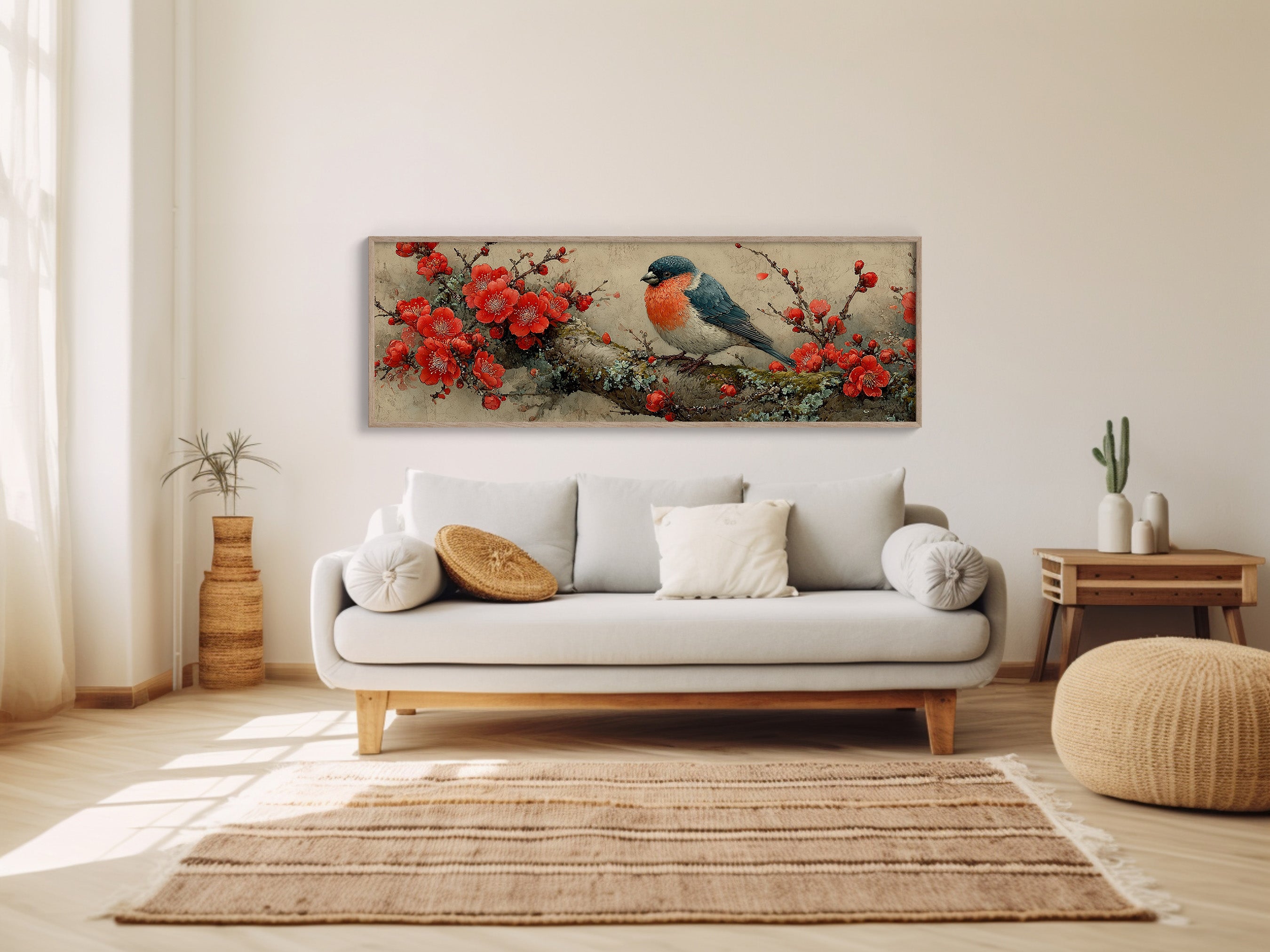 Songbird Among Scarlet Blossoms