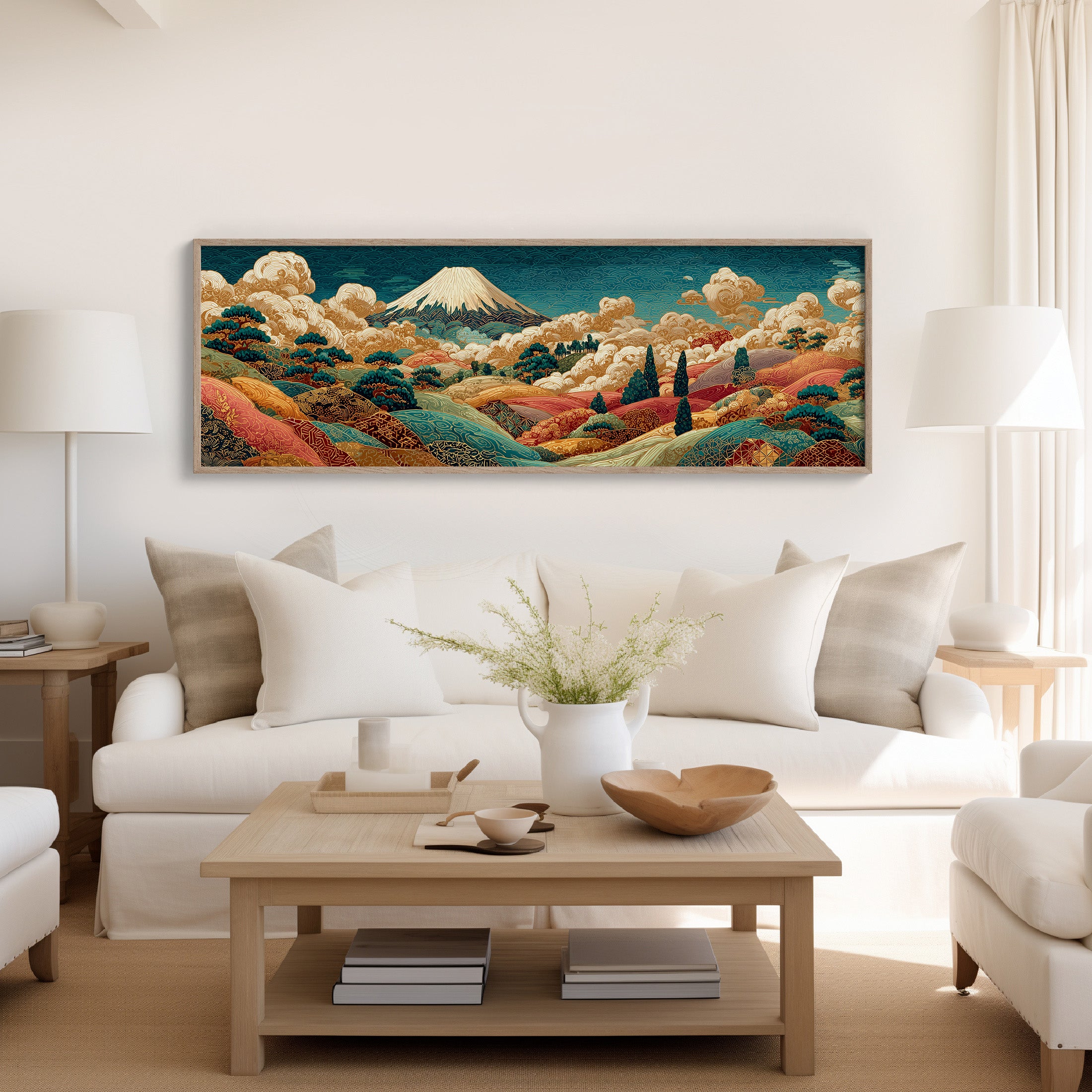 Golden Mount Fuji Over Patterned Hills
