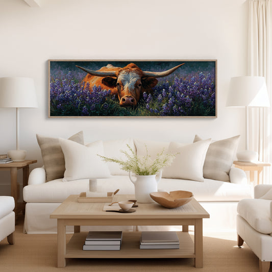 Texas Longhorn Resting in Bluebonnet Meadow