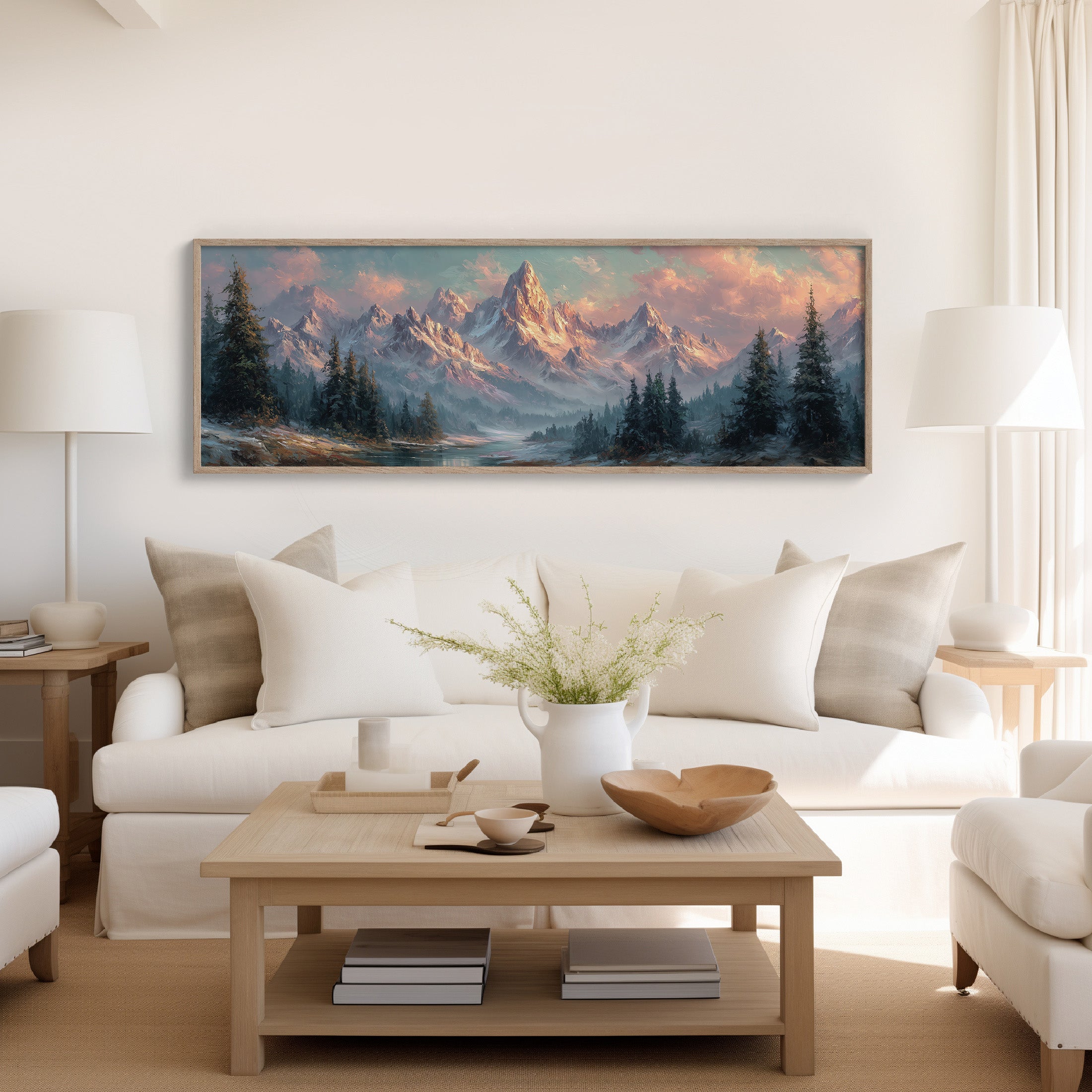 Sunlit Mountain Peaks at Dawn Over Frosted Forest