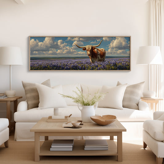 Texas Longhorn Standing in Blooming Bluebonnet Field