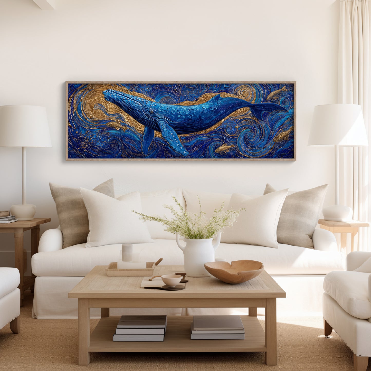 Majestic Blue Whale in Golden Ocean Swirl