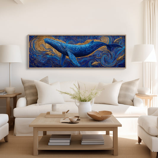 Majestic Blue Whale in Golden Ocean Swirl