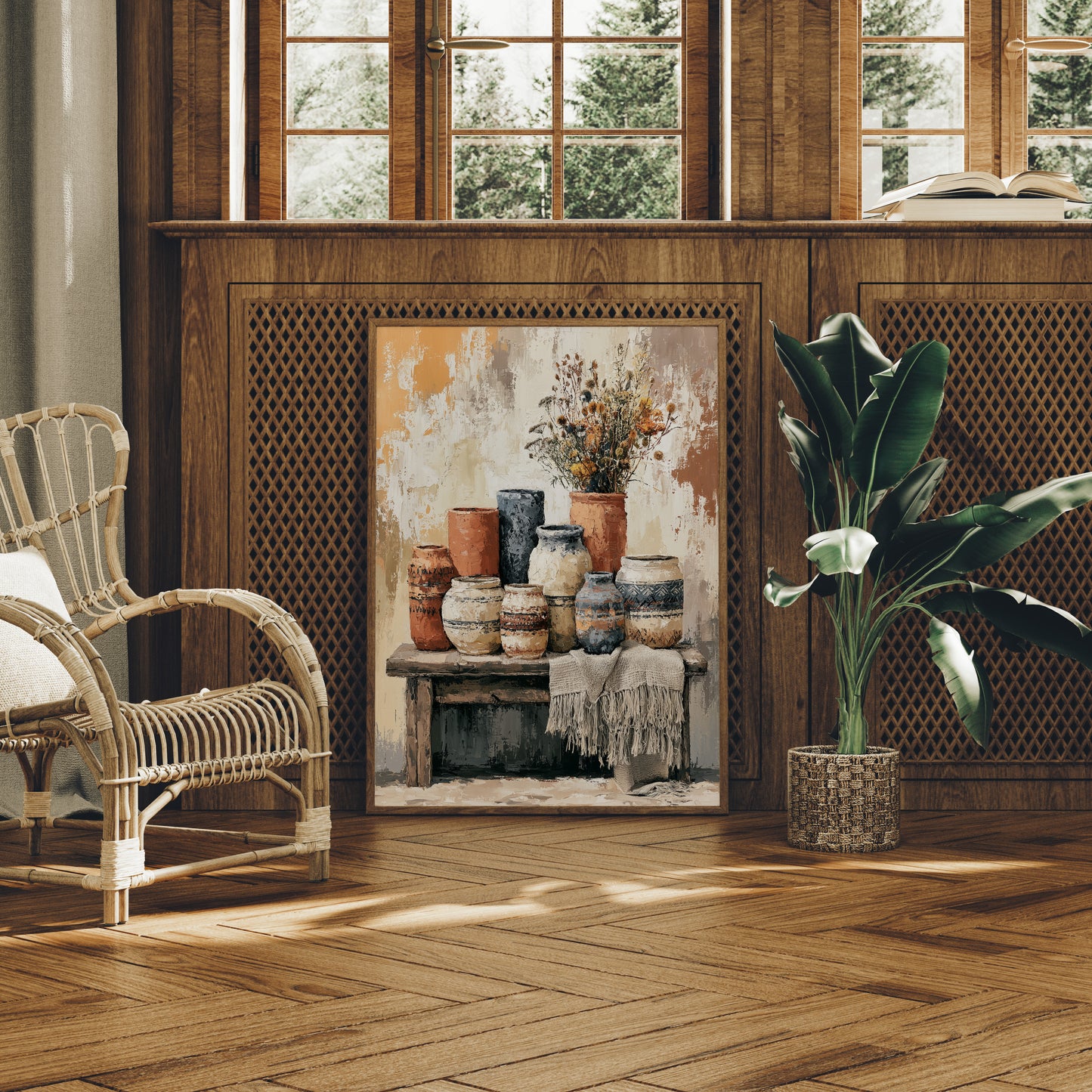 Bench of Boho Pots and Dried Blooms