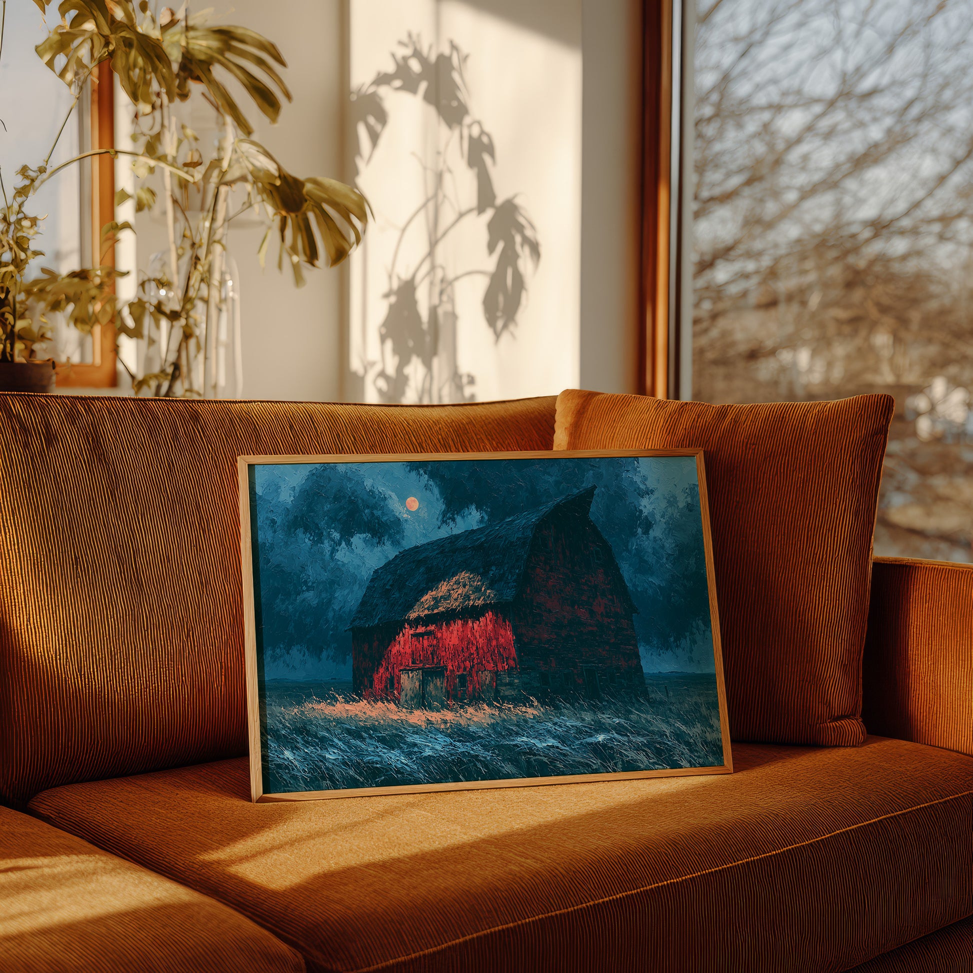 Red Barn Under a Blue Moon