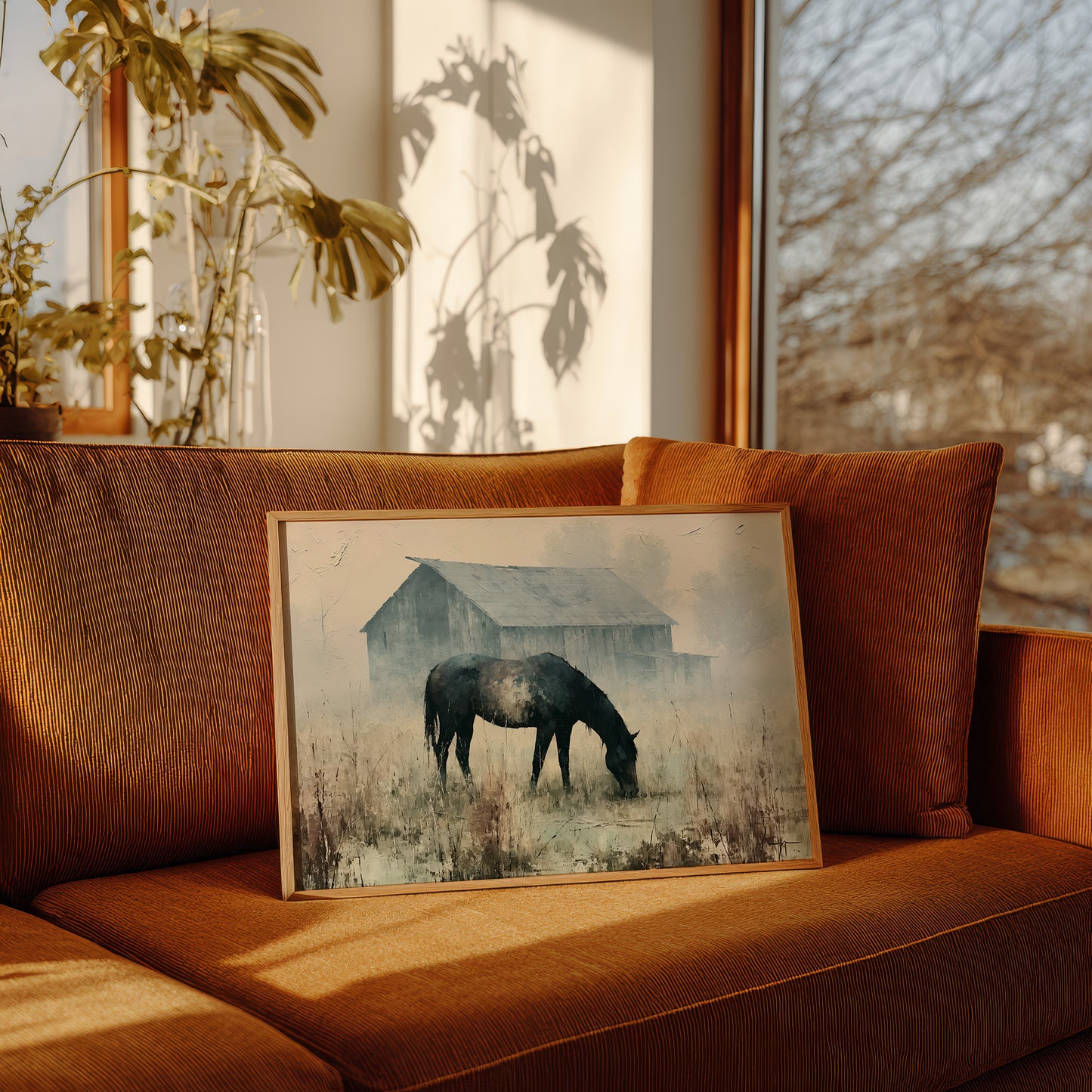 Grazing Horse, Foggy Farmstead