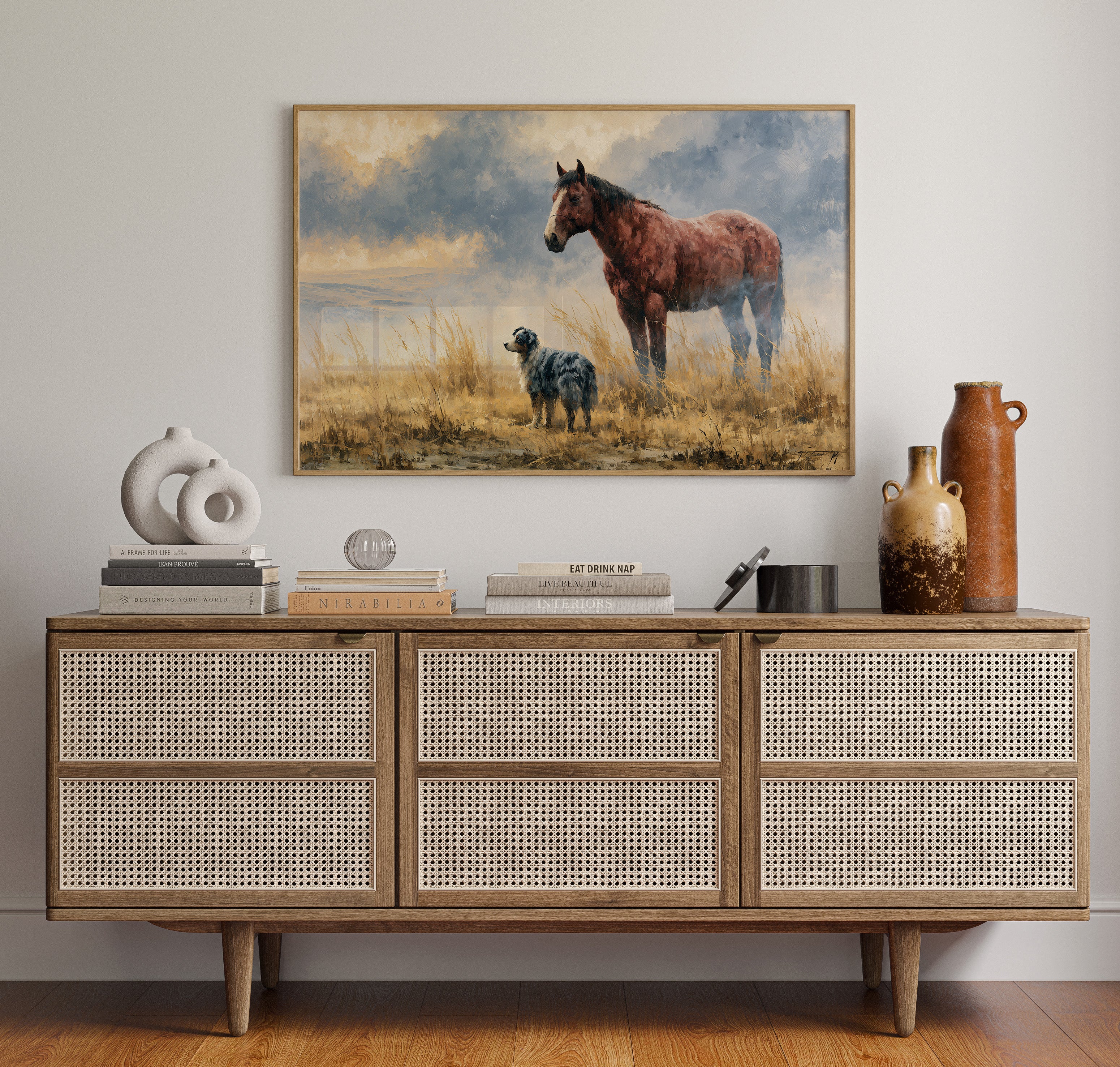 Bay Horse and Aussie Shepherd