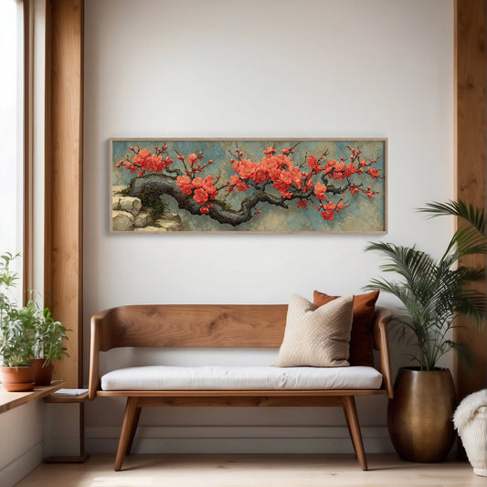 Crimson Blossoms On Ancient Wood