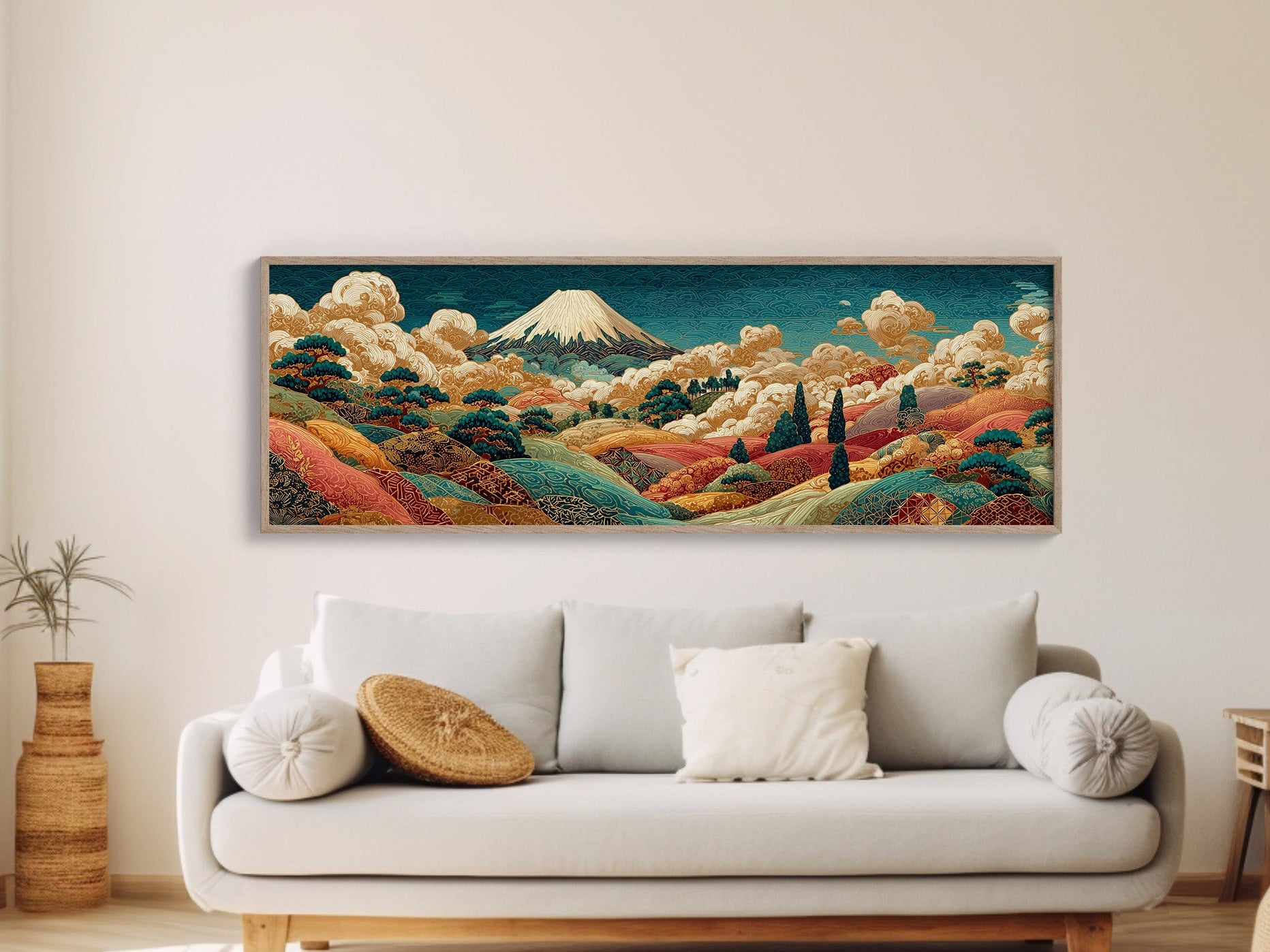 Golden Mount Fuji Over Patterned Hills