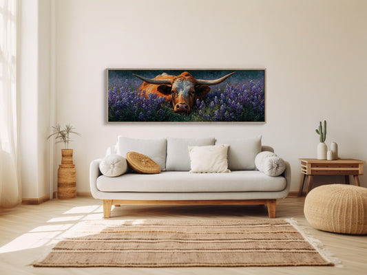 Texas Longhorn Resting in Bluebonnet Meadow