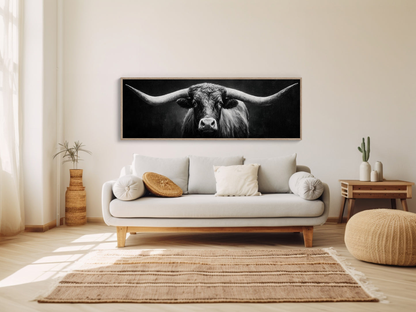 Black and White Longhorn Portrait on Dark Background
