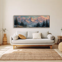 Sunlit Mountain Peaks at Dawn Over Frosted Forest