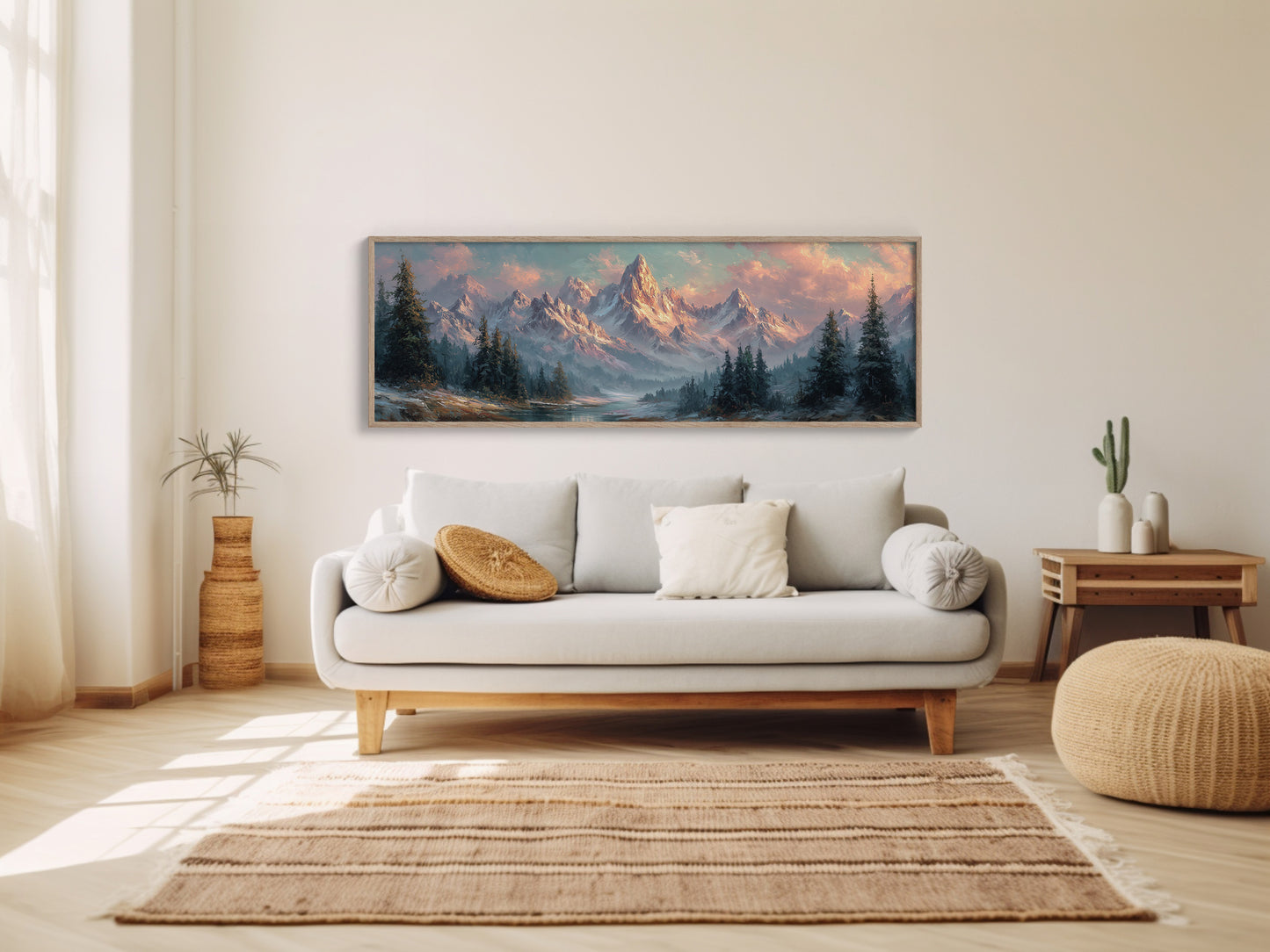 Sunlit Mountain Peaks at Dawn Over Frosted Forest