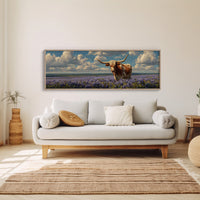 Texas Longhorn Standing in Blooming Bluebonnet Field