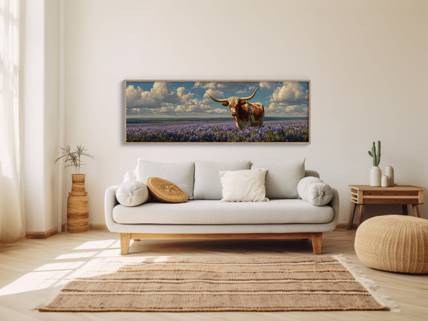 Texas Longhorn Standing in Blooming Bluebonnet Field