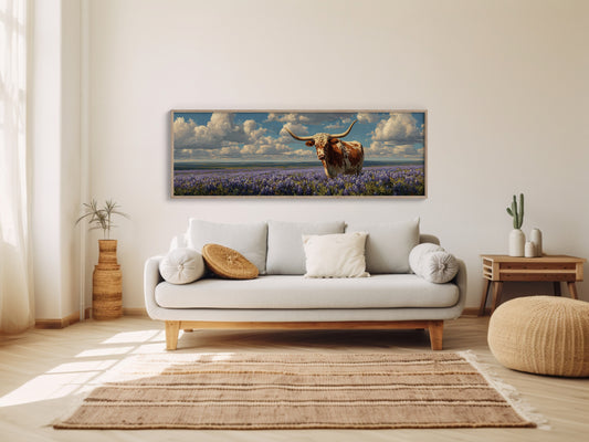 Texas Longhorn Standing in Blooming Bluebonnet Field