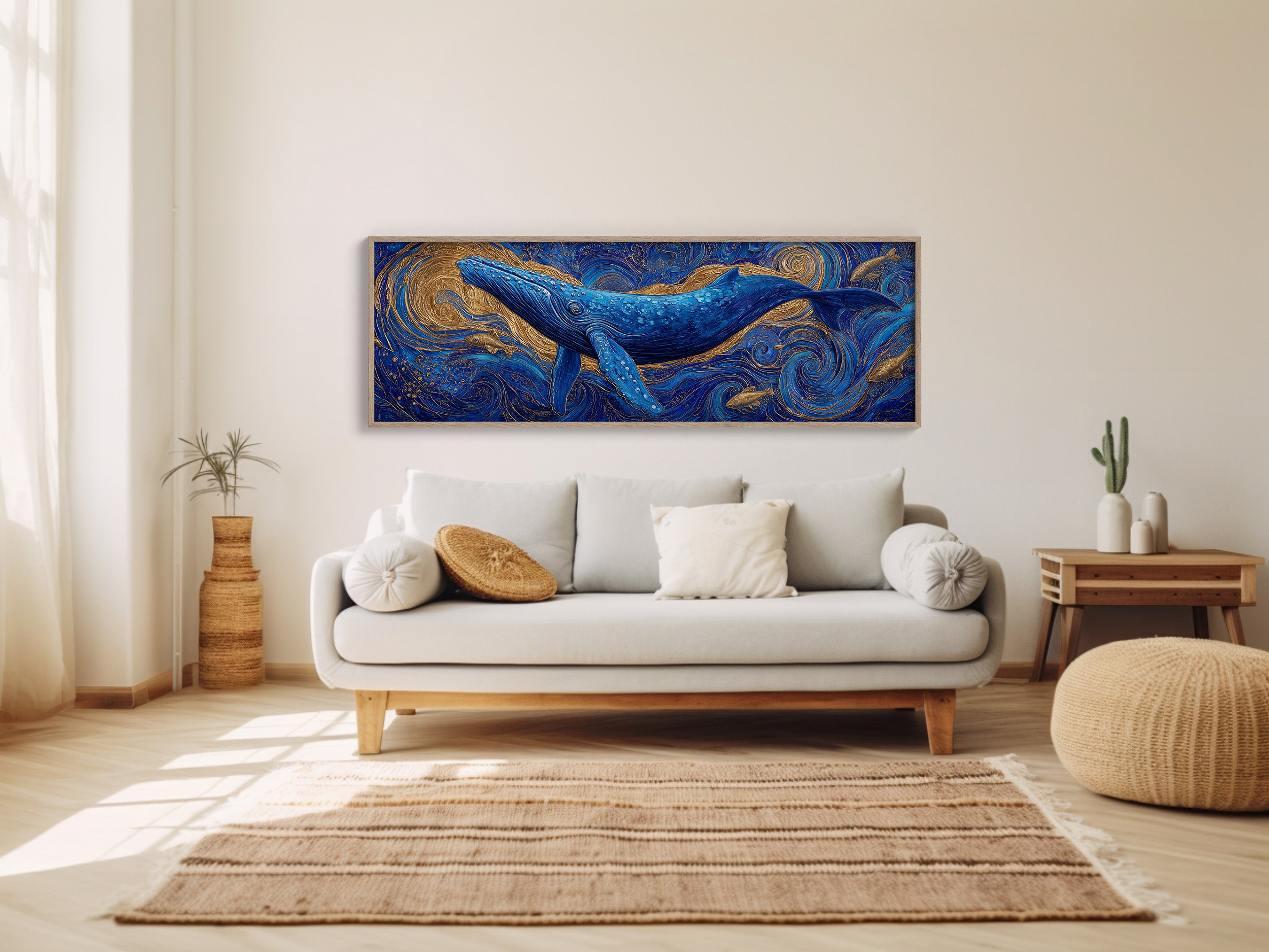 Majestic Blue Whale in Golden Ocean Swirl