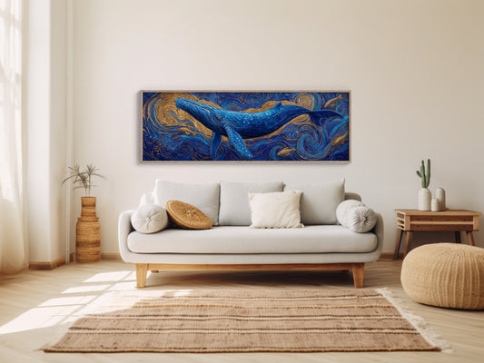 Majestic Blue Whale in Golden Ocean Swirl