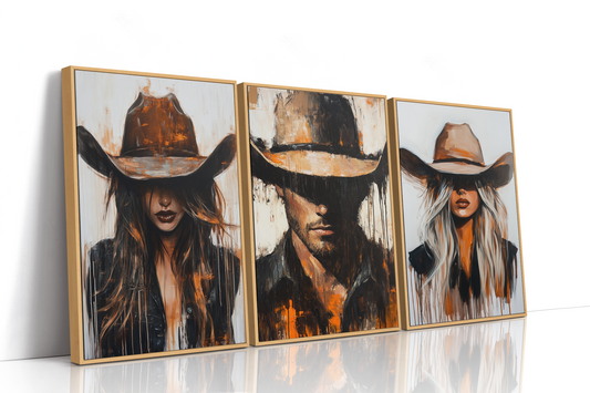 Under the Brim, Western Cowgirl and Cowboy Wall Art Set of 3, Framed Canvas Triptych