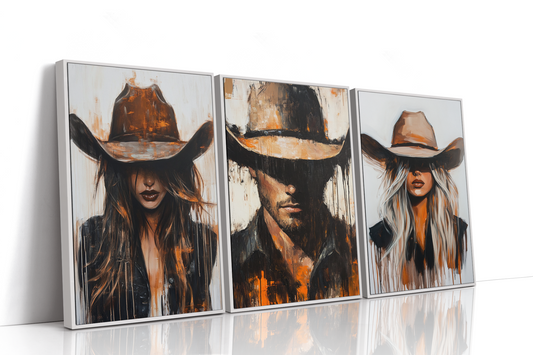 Under the Brim, Western Cowgirl and Cowboy Wall Art Set of 3, Framed Canvas Triptych